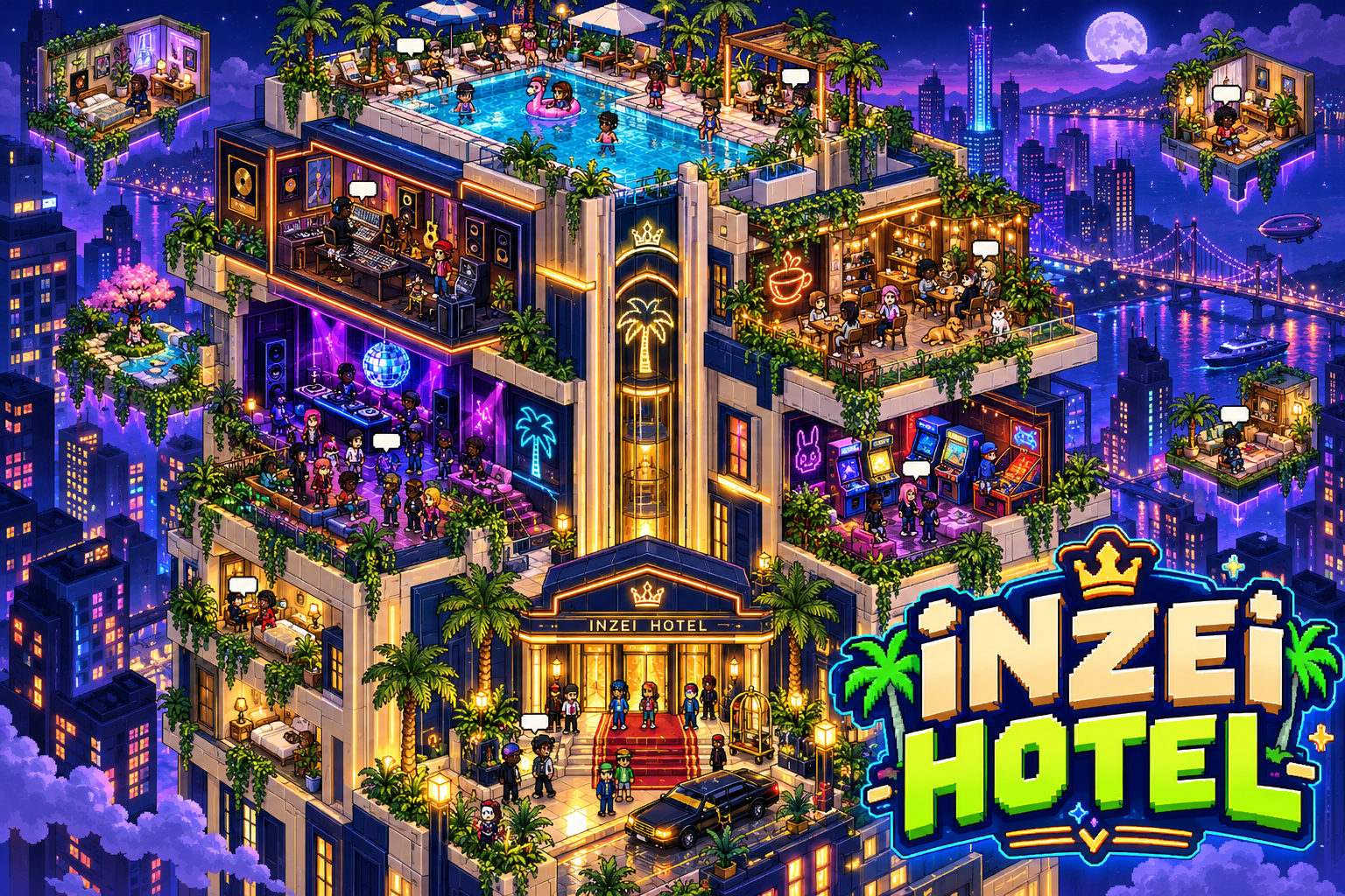 An isometric Inzei Hotel with a rooftop pool, studio, café and arcade